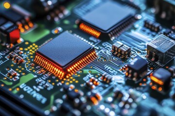 Obraz premium Illuminated Integrated Circuit Board with Microchips, Resistors, and Electronic Components