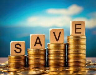 Growing Savings SAVE Blocks on Coins, Financial Growth Concept, Investment, Wealth Accumulation.