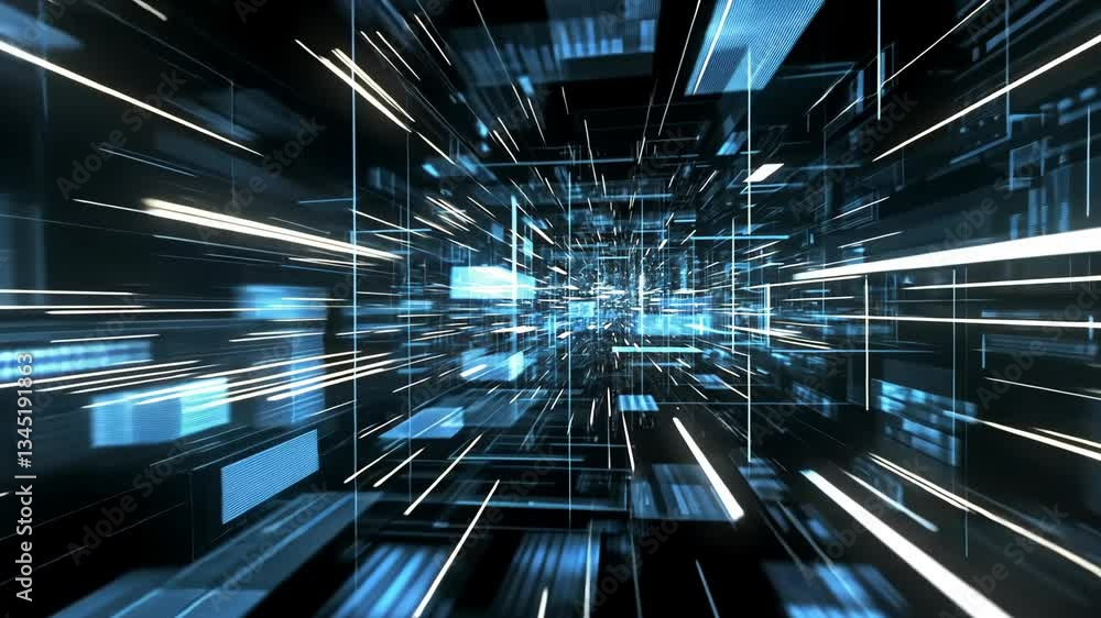 Poster dynamic digital landscape with blue and white lines creating a futuristic effect during a fast-paced