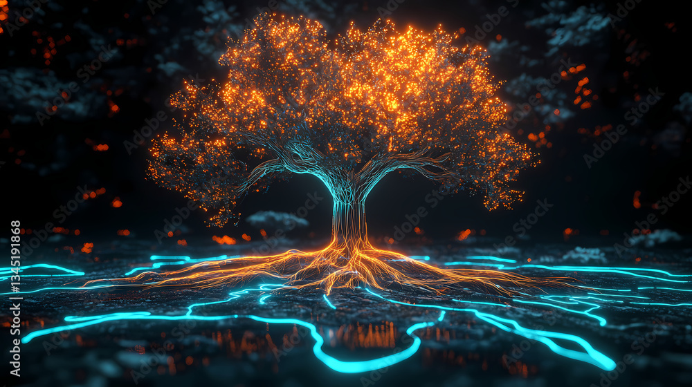 Poster celestial luminescence: an enchanting digital rendering of a tree, its branches ablaze with golden l