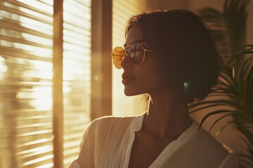 African American woman in sunglasses looking out window in sunlit room, serene mood
