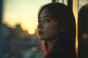 Asian Woman Looking At Sunset Through Window; Dreamy, Hopeful, Serene