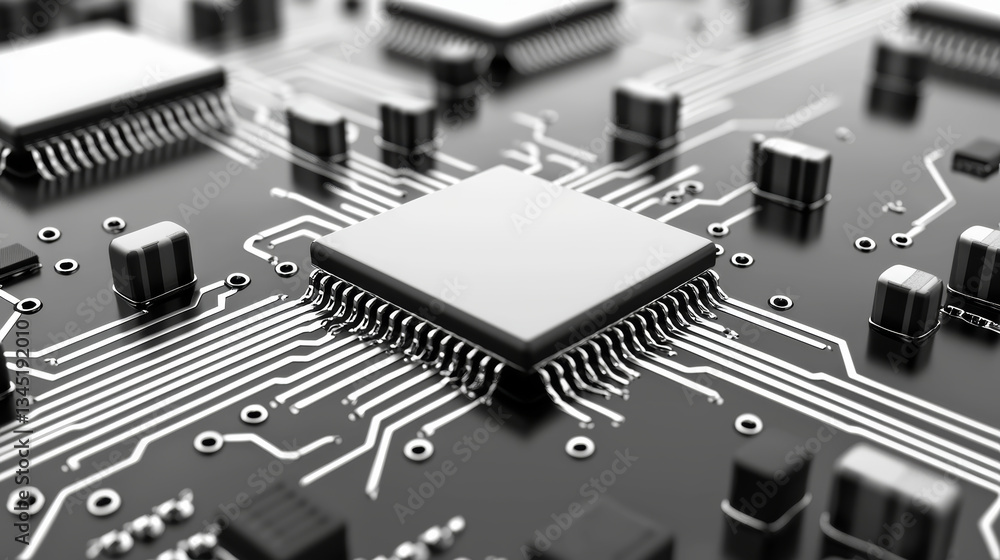 Poster high resolution close up of circuit board with microchips and connections, showcasing intricate deta