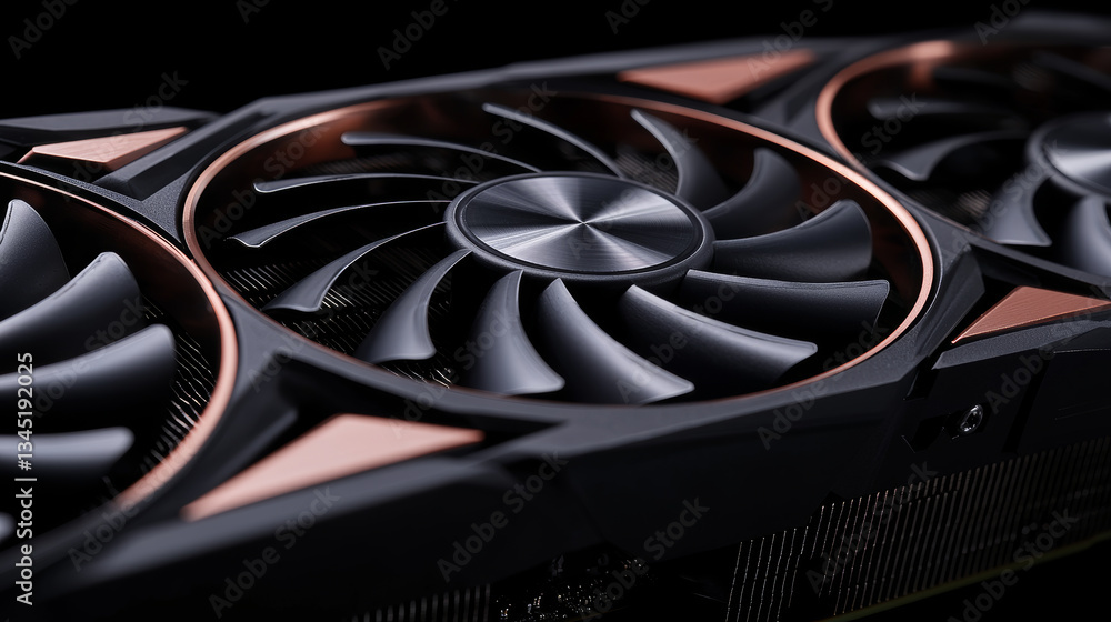Poster high performance graphics card with sleek design and cooling fans, showcasing advanced technology an