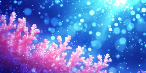 Pink coral glows in the ocean with glistening blue particles