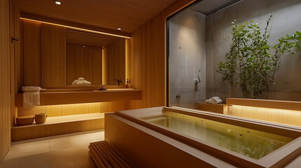 Here description and keywords for image, formatted as requested Luxurious Japandi bathroom is glowing with light on wood, giving sense of calm and minimalist elegance