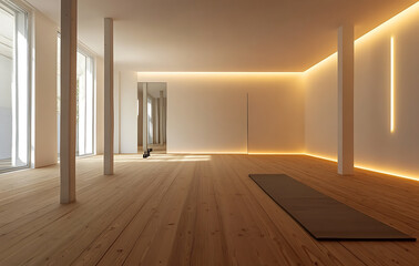 Obraz premium Minimalist yoga studio with wood elements evokes sense of tranquility, creating serene and inviting space for mindful practice and relaxation