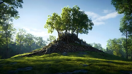 Pixelated Trees Growing On Hill In Forest