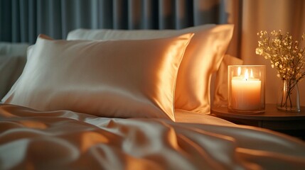 Luxurious silk bedding, candlelight, peaceful bedroom setting.