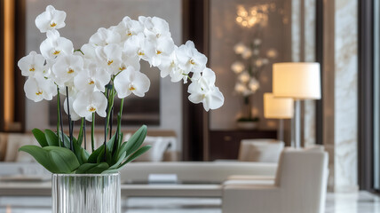 高級ホテルの洗練された空間 — 胡蝶蘭が彩る優雅なロビー