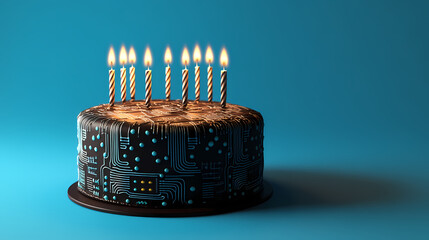 Tech-Inspired Cake: A visually striking birthday cake, its surface resembling a circuit board and lit by glowing candles against a modern backdrop.