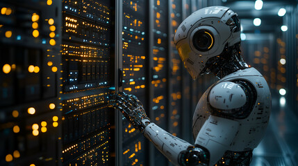 Futuristic Robot with Artificial Intelligence in High-Tech Datacenter Environment - Advanced Cybernetic Systems and Technology Innovation