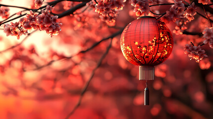 Obraz premium Lanterns Amidst Blossoms: A vibrant red lantern illuminated by gentle light, hangs against a backdrop of cherry blossoms. Captured in a picturesque setting.