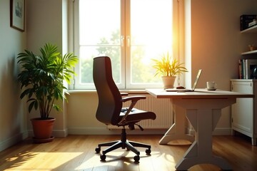 Fototapeta premium Empty chair at desk facing window, sunlit room , contemplation, room