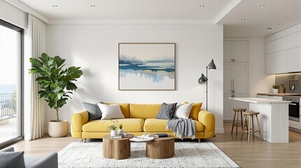 Modern Minimalist Living Room Interior Design with Yellow Sofa and Abstract Art
