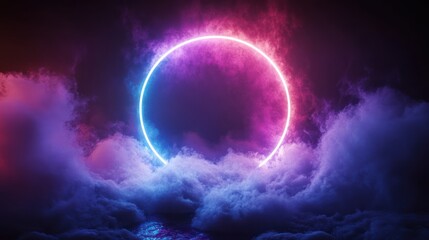 Obraz premium Neon circle cloudscape; cosmic backdrop