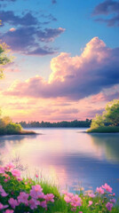 Obraz premium Serene sunset over a tranquil lake with vibrant flowers and lush greenery, perfect as phone background wallpaper