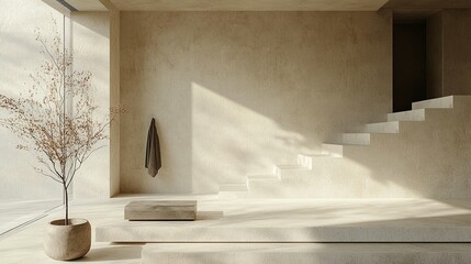 Minimalist interior design with beige walls, concrete stairs, large window, plant, and towel.