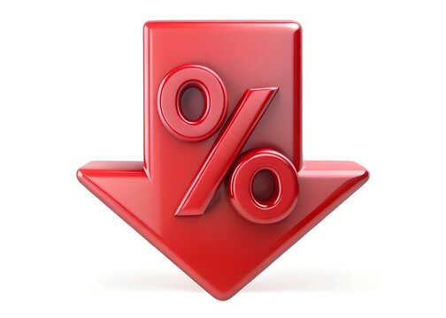 Discount Alert: A dynamic red arrow points downward, displaying a percentage symbol, symbolizing a reduction or decrease in price, sales, or financial figures