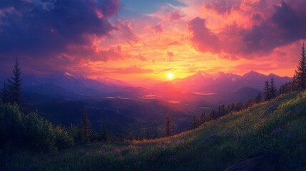 Obraz premium Vibrant Mountain Sunset View