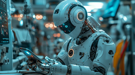 Fototapeta premium Advanced Robotics: Futuristic Android in a Cutting-Edge Silicon Workspace for Pioneering Technology Innovation and Development