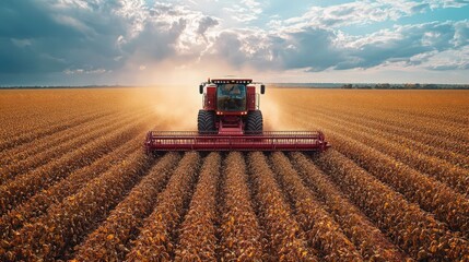 Obraz premium Agricultural marvel: Red harvester gracefully working in a vast cultivated field