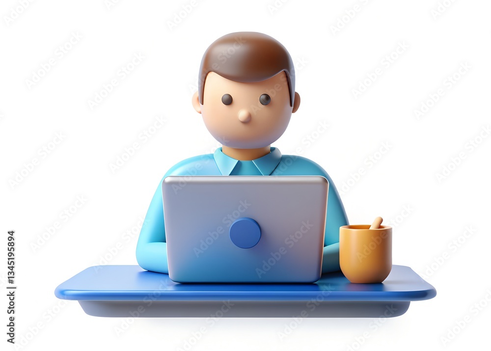 Aufkleber digital workspace: a 3d rendering captures a person working at a desk with a laptop. this illustrati