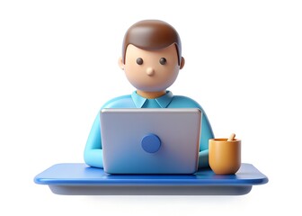 Digital Workspace: A 3D rendering captures a person working at a desk with a laptop. This illustration can be used for technology, business, and educational concepts.