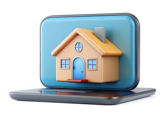 Fototapeta premium Smart Home Concept: Digital representation of a house emerging from a laptop screen, symbolizing the convenience of smart home technology and property listings online.