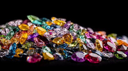Fototapeta premium Collection of Colorful Gems on Black Surface Displaying Variety of Shapes and Facets with High Detail