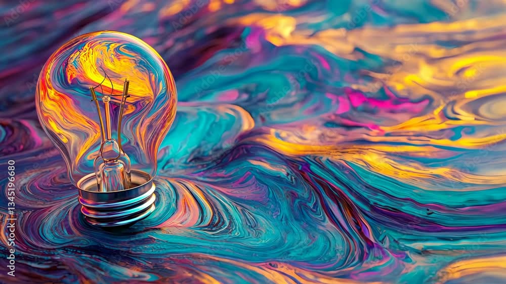 Poster bright light bulb rests on colorful swirl of paint creating an artistic visual display of vibrant co