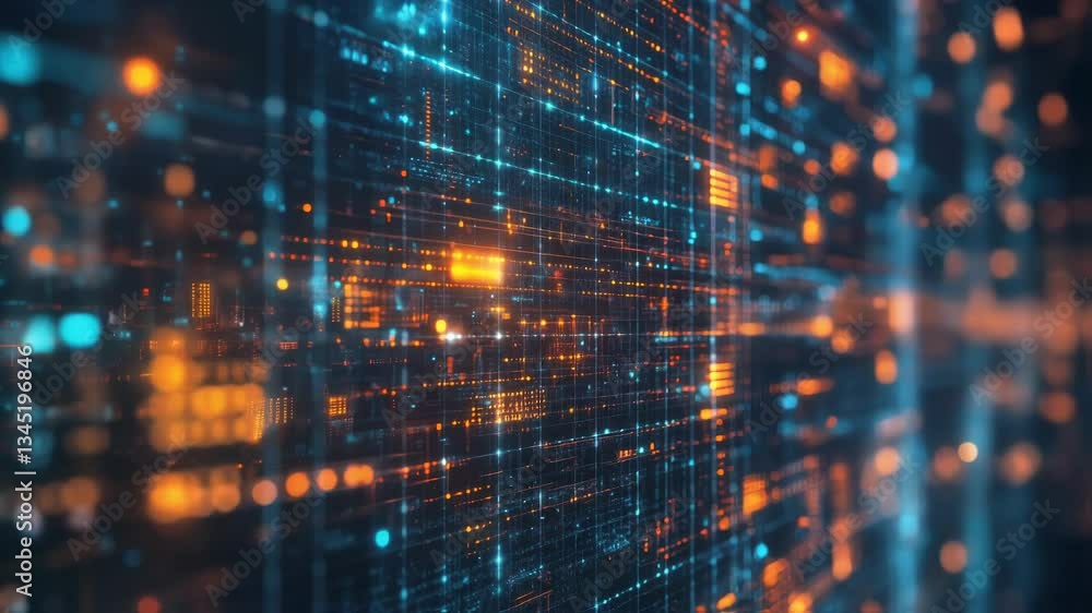 Poster complex network activity visualizes data traffic flowing through futuristic server racks, creating a