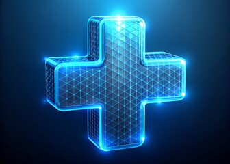Obraz premium Digital Healthcare Symbol: A glowing blue digital cross, rendered in a futuristic, geometric style, representing modern healthcare and medical innovation.