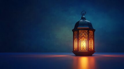 Fototapeta premium Enlightened Reverie: A luminous lantern casts a warm glow against a backdrop of deep blues, evoking a sense of peace and contemplation.