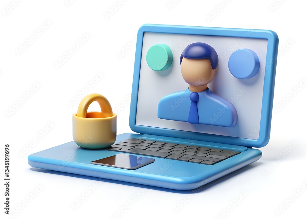 Poster digital identity: secure online presence, 3d render of a laptop screen showing a profile picture, in
