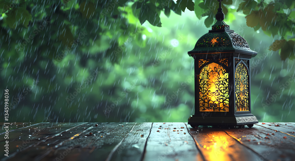 Poster enchanting lantern in the rain: illuminated lantern on a wooden table in a rain-swept setting, creat