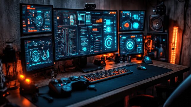 Gaming PC setup with multiple monitors displaying complex data visualizations.  Dark, futuristic aesthetic with vibrant lighting and various gaming peripherals