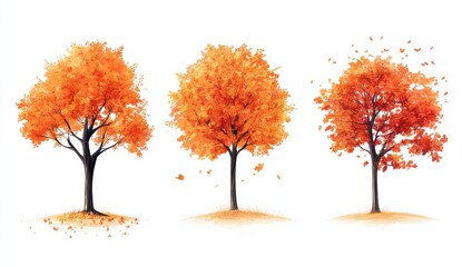 Naklejka premium Autumn's Embrace: Three trees showcase the vibrant transition of autumn, their leaves turning into fiery shades of orange and red, painted in a captivating illustration. 