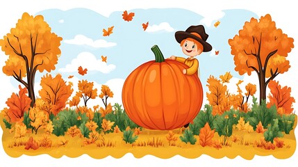 Child with Huge Pumpkin for Autumn Harvest.
