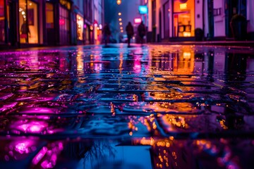 Obraz premium City Street at Night with Neon Reflections in Puddles After Rain