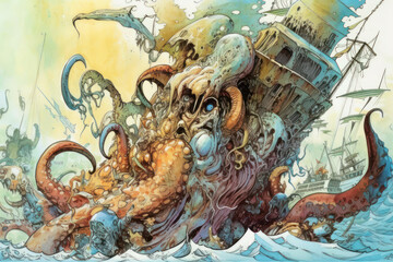 Fototapeta premium an epic moment of a sea battle, where a giant mythical creature resembling a kraken captures and destroys a ship. 
