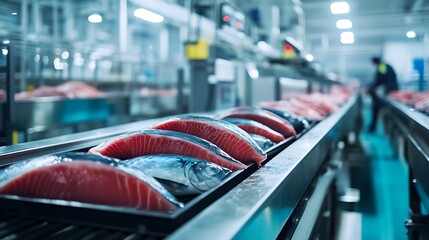 Obraz premium Fresh Tuna on Conveyor Belt in Processing Plant for Food Industry