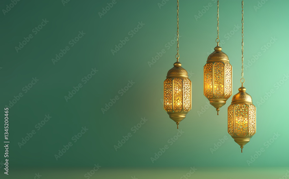 Poster lanterns on display: illuminated ornate lanterns are suspended in the air against a backdrop of emer