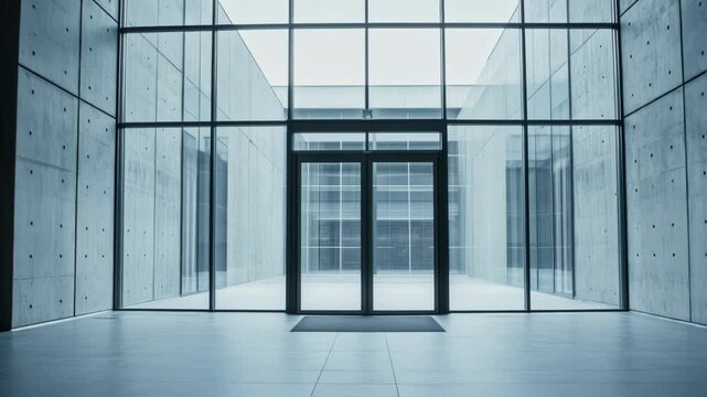 Glass entryway featuring sleek architectural design opening automatically, revealing spacious interior with clean lines and minimal contemporary aesthetic, showcasing modern building access point