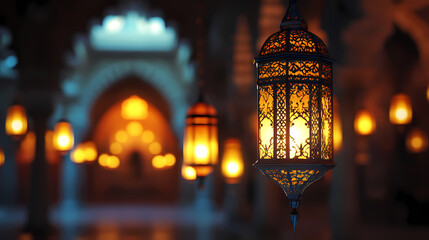 Illuminating Serenity: An enchanting scene features ornately designed lanterns casting a warm glow in a softly lit, architectural space, creating an atmosphere of peace and introspection.