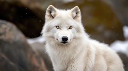 Majestic Arctic wolf gazing intently amidst rocky terrain, snowflakes gently falling in a serene winter landscape