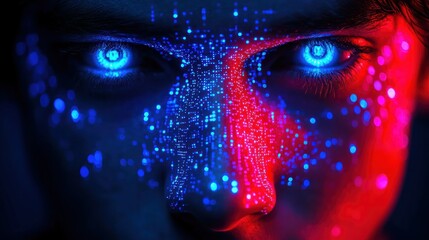 Naklejka premium Person's face with glowing blue eyes and digital light effect. Dramatic lighting