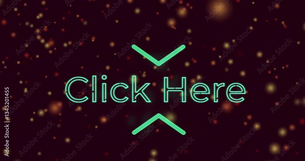 Poster glowing particles surrounding neon click here text in dark animation background