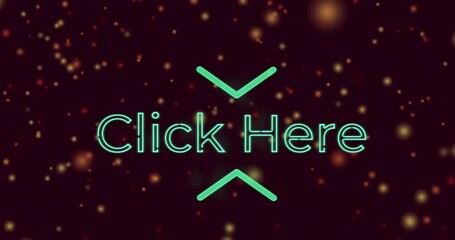 Glowing particles surrounding neon Click Here text in dark animation background - Powered by Adobe