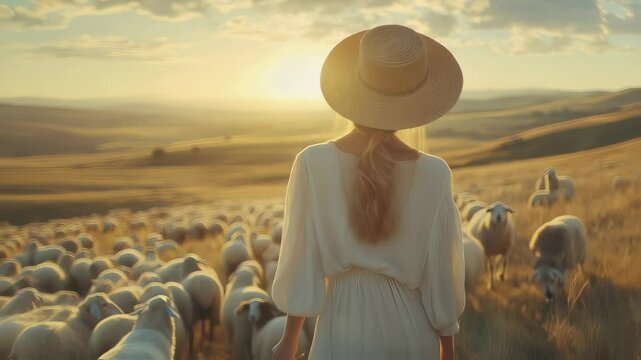 Woman walks among sheep in golden sunset on rolling hills with peaceful landscape and warm light enhancing the tranquil atmosphere